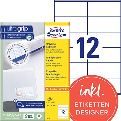 AVERY Zweckform 3424 Adressaufkleber (1.200 Klebeetiketten, 105x48mm auf A4, Papier matt, individuell bedruckbare Absenderetiketten, selbstklebende Adressetiketten mit ultragrip) 100 Blatt, weiß von AVERY Zweckform