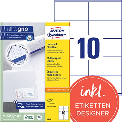 AVERY Zweckform 3425 Adressaufkleber (1.000 Klebeetiketten, 105x57mm auf A4, Papier matt, individuell bedruckbare Absenderetiketten, selbstklebende Adressetiketten mit ultragrip) 100 Blatt, weiß von AVERY Zweckform