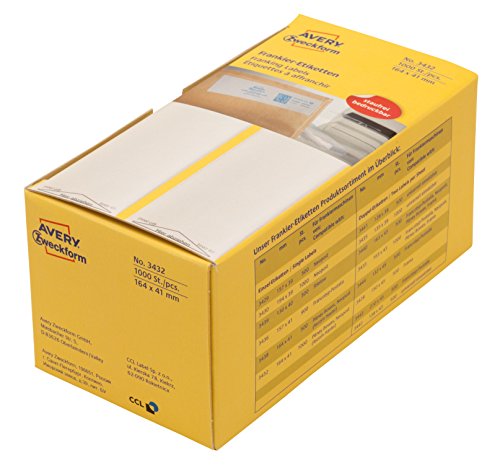 AVERY Zweckform 3432 Frankier-Etiketten (Papier matt, 1.000 Etiketten, 164 x 41 mm) 1 Pack weiß von AVERY Zweckform
