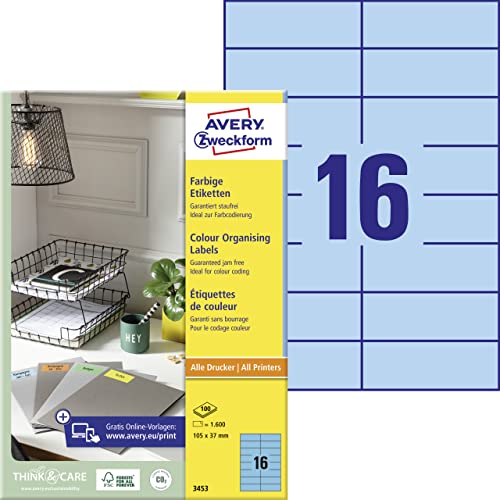 AVERY Zweckform 3453 Blaue Etiketten (1.600 Aufkleber, 105x37mm auf A4, permanent haftend, selbstklebende Farbetiketten, Papier matt, bedruckbare, farbige Klebeetiketten) 100 Blatt von AVERY Zweckform