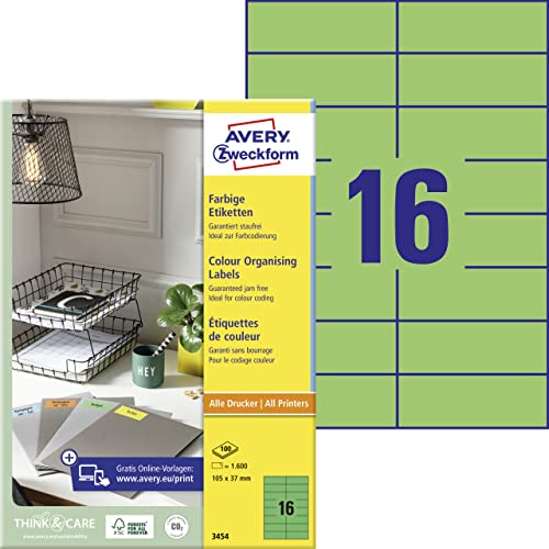 AVERY Zweckform 3454 Grüne Etiketten (1.600 Aufkleber, 105x37mm auf A4, permanent haftend, selbstklebende Farbetiketten, Papier matt, bedruckbare, farbige Klebeetiketten) 100 Blatt von AVERY Zweckform