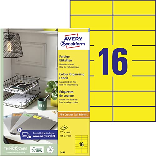 AVERY Zweckform 3455 Gelbe Etiketten (1.600 Aufkleber, 105x37mm auf A4, permanent haftend, selbstklebende Farbetiketten, Papier matt, bedruckbare, farbige Klebeetiketten) 100 Blatt von AVERY Zweckform