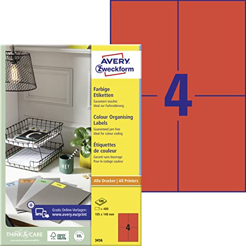 AVERY Zweckform 3456 Rote Etiketten (400 Aufkleber, 105x148mm auf A4, permanent haftend, selbstklebende Farbetiketten, Papier matt, bedruckbare, farbige Klebeetiketten) 100 Blatt von AVERY Zweckform