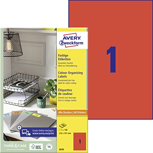 AVERY Zweckform 3470 Rote Etiketten (100 Aufkleber, 210x297mm auf A4, permanent haftend, selbstklebende Farbetiketten, Papier matt, bedruckbare, farbige Klebeetiketten) 100 Blatt von AVERY Zweckform