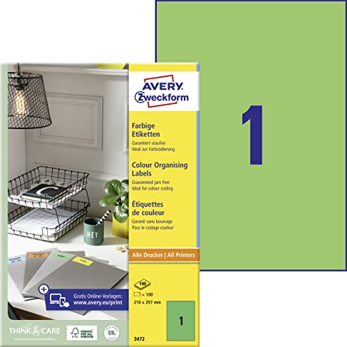 AVERY Zweckform 3472 Grüne Etiketten (100 Aufkleber, 210x297mm auf A4, permanent haftend, selbstklebende Farbetiketten, Papier matt, bedruckbare, farbige Klebeetiketten) 100 Blatt von AVERY Zweckform