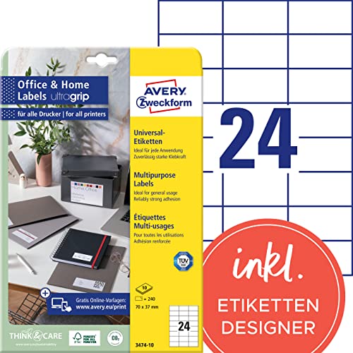 AVERY Zweckform 3474-10 Adressaufkleber (240 Klebeetiketten, 70x37 mm auf A4, bedruckbare Absenderetiketten, selbstklebende Adressetiketten mit ultragrip, ideal fürs HomeOffice) 10 Blatt, weiß von AVERY Zweckform