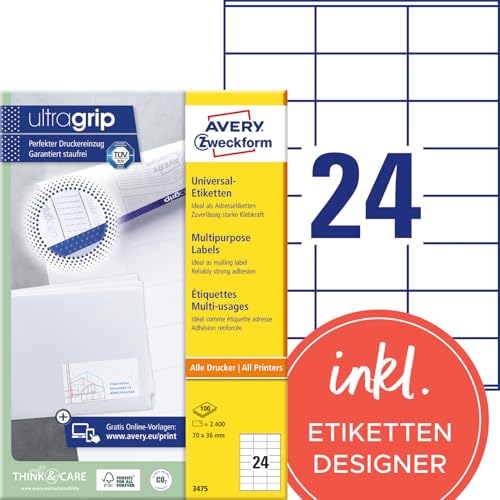 AVERY Zweckform 3475 Adressaufkleber (2.400 Klebeetiketten, 70x36mm auf A4, Papier matt, bedruckbare Absenderetiketten, selbstklebende Adressetiketten mit ultragrip) 100 Blatt, weiß von AVERY Zweckform