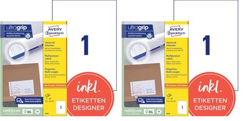 AVERY Zweckform 3478 Universal Etiketten (100 Klebeetiketten, 210x297mm, Papier matt, bedruckbare Versandetiketten, selbstklebende Versandaufkleber mit ultragrip) 100 Blatt, weiß (Packung mit 2) von AVERY Zweckform