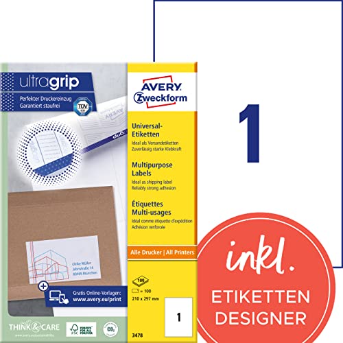 AVERY Zweckform 3478 Universal Etiketten (100 Klebeetiketten, 210x297mm, Papier matt, bedruckbare Versandetiketten, selbstklebende Versandaufkleber mit ultragrip) 100 Blatt, weiß von AVERY Zweckform