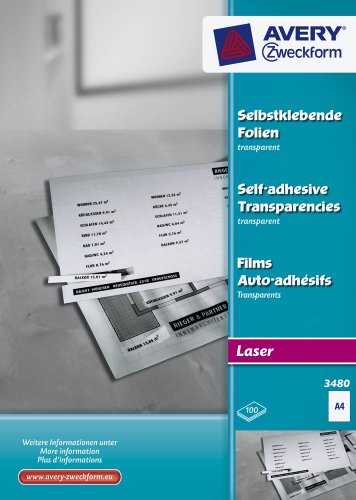 AVERY Zweckform 3480 Transparente Folien für Laserdrucker und Kopierer (100 selbstklebende Folien, A4, mattierte Oberfläche, hervorragend bezeichenbar, stapelverarbeitbar, Folienstärke 0,14mm) von AVERY Zweckform