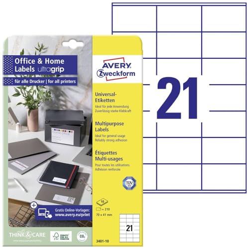 AVERY Zweckform 3481-10 Adressaufkleber (210 Etiketten, 70x41mm auf A4, FSC, bedruckbare Absenderetiketten, selbstklebende Klebeetiketten mit ultragrip, ideal fürs HomeOffice) 10 Blatt, weiß von AVERY Zweckform