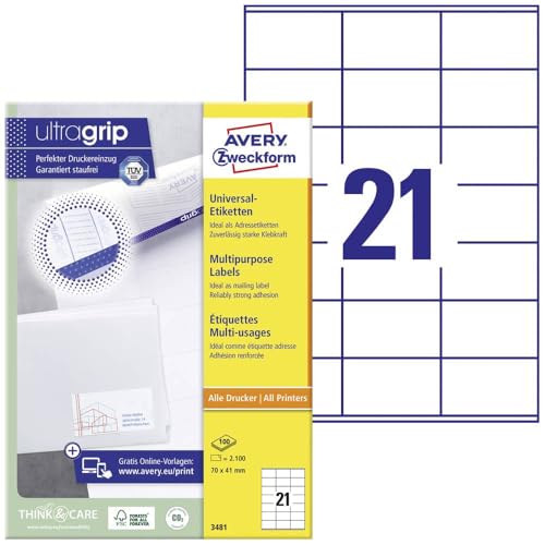 AVERY Zweckform 3481 Adressaufkleber (2.100 Klebeetiketten, 70x41mm auf A4, Papier matt, bedruckbare Absenderetiketten, selbstklebende Adressetiketten mit ultragrip) 100 Blatt, weiß von AVERY Zweckform