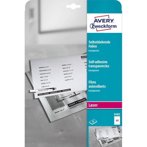 AVERY Zweckform 3482 Transparente Folien für Laserdrucker und Kopierer (25 selbstklebende Folien, A4, mattierte Oberfläche, hervorragend bezeichenbar, stapelverarbeitbar, Folienstärke 0,14mm) von AVERY Zweckform