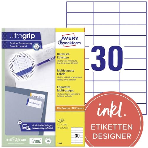 AVERY Zweckform 3489 Universal Etiketten (3.000 Klebeetiketten, 70x29,7mm auf A4, Papier matt, individuell bedruckbar, selbstklebende Aufkleber mit ultragrip) 100 Blatt, weiß von AVERY Zweckform