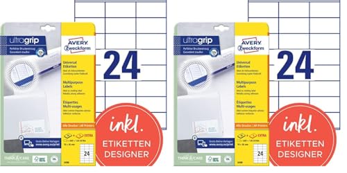 AVERY Zweckform 3490 Adressaufkleber (600 plus 120 Klebeetiketten extra, 70x36mm auf A4, Papier matt, bedruckbare Absenderetiketten, selbstklebende Adressetiketten mit ultragrip) 30 Blatt, weiß von AVERY Zweckform