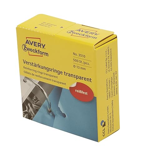 AVERY Zweckform 3510 Lochverstärker selbstklebend 500 Stück (Ø13mm, Lochverstärkungsringe auf Rolle, permanent haftende Ringverstärker, Ringlochverstärker fürs Abheften, reißfeste Folie) transparent von AVERY Zweckform