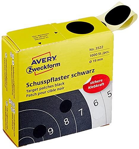 AVERY Zweckform 3522 Schusspflaster 1.000 Stück (Ø19mm, Zielscheibe, Schießsport, Schützensport, Schützenverein, Schützenscheibe, runde Aufkleber, permanent, Markierungspunkt, im Spender) schwarz von AVERY Zweckform