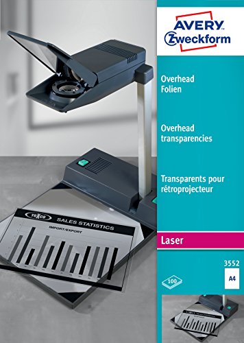 AVERY Zweckform 3552 Overhead-Folien für S/W Laserdrucker und -Kopierer (100 Transparentfolien, A4, spezialbeschichtet, stapelverarbeitbar, Folienstärke 0,10 mm, lösemittelfrei) von AVERY Zweckform