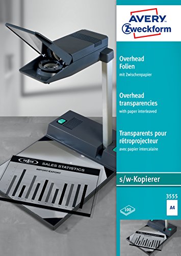 AVERY Zweckform 3555 Overhead-Folien für S/W Kopierer (100 Transparentfolien, A4, unbeschichtet, nur für Einzelblatteinzug, mit Zwischenpapier, Folienstärke 0,10mm, lösemittelfrei) von AVERY Zweckform