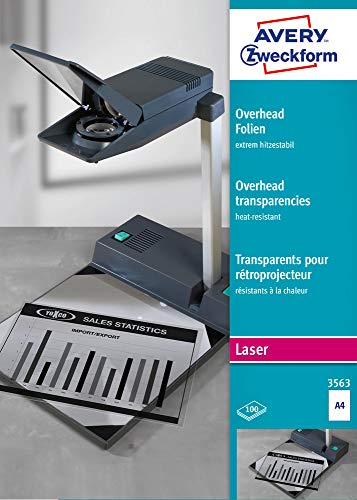 AVERY Zweckform 3563 Overhead-Folien für S/W Laserdrucker und -Kopierer (100 Transparentfolien, A4, spezialbeschichtet, stapelverarbeitbar, extrem hitzestabil durch erhöhte Folienstärke 0,13mm) von AVERY Zweckform