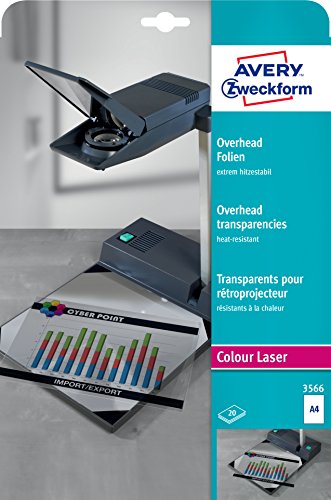 AVERY Zweckform 3566 Overhead-Folien für Farblaserdrucker (20 Transparentfolien, A4, spezialbeschichtet, stapelverarbeitbar, extrem hitzestabil durch erhöhte Folienstärke 0,13mm, lösemittelfrei) von AVERY Zweckform