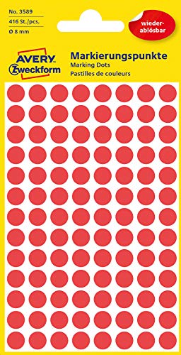 AVERY Zweckform 3589 selbstklebende Markierungspunkte (Ø 8 mm, 416 ablösbare Klebepunkte auf 4 Bogen, runde Aufkleber für Kalender, Planer und zum Basteln, Papier, matt) rot von AVERY Zweckform
