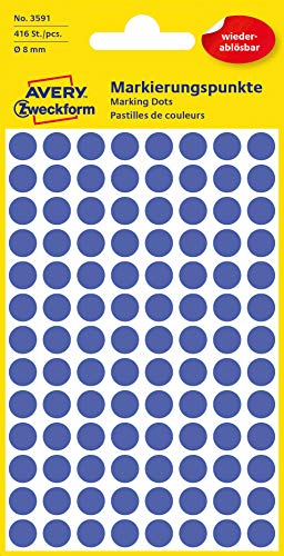 AVERY Zweckform 3591 selbstklebende Markierungspunkte 416 Stück (Ø 8mm, ablösbare Klebepunkte auf 4 Bogen, Farbcodierung, runde Aufkleber für Kalender, Planer und zum Basteln, Papier) blau von AVERY Zweckform