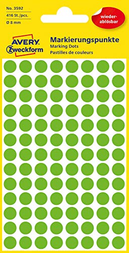 AVERY Zweckform 3592 selbstklebende Markierungspunkte 416 Stück (Ø 8mm, ablösbare Klebepunkte auf 4 Bogen, Farbcodierung, runde Aufkleber für Kalender, Planer und zum Basteln, Papier) grün von AVERY Zweckform