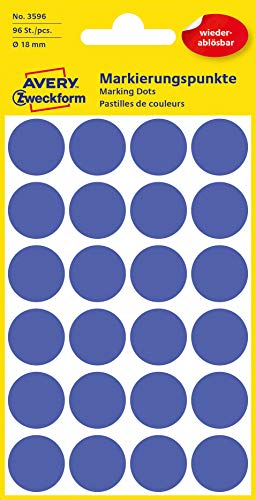 AVERY Zweckform 3596 selbstklebende Markierungspunkte 96 Stück (Ø18mm, ablösbare Klebepunkte auf 4 Bogen, Farbcodierung, runde Aufkleber für Kalender, Planer und zum Basteln, Papier) blau von AVERY Zweckform
