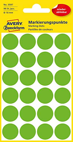 AVERY Zweckform 3597 selbstklebende Markierungspunkte 96 Stück (Ø18mm, ablösbare Klebepunkte auf 4 Bogen, Farbcodierung, runde Aufkleber für Kalender, Planer und zum Basteln, Papier) grün von AVERY Zweckform
