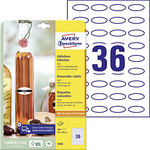 AVERY Zweckform 360 Flaschenetiketten selbstklebend (40x20 mm, Oval, Aufkleber Ideal für Einmachgläser, Gewürzgläser, Likörflaschen, Selbstgemachtes aus Der Küche, Art. 5086) 10 Blatt Weiß von AVERY Zweckform