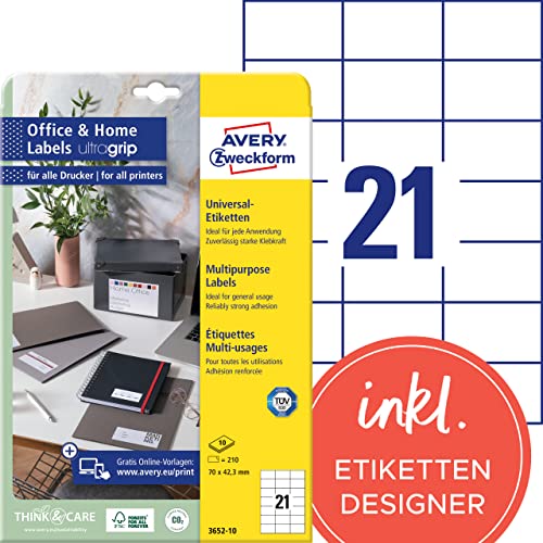 AVERY Zweckform 3652-10 Adressaufkleber (210 Klebeetiketten, 70x42,3 mm auf A4, bedruckbare Absenderetiketten, selbstklebende Adressetiketten mit ultragrip, ideal fürs HomeOffice) 10 Blatt, weiß von AVERY Zweckform