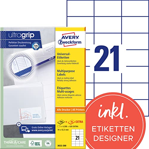 AVERY Zweckform 3652-200 Adressaufkleber (4.200 plus 420 Klebeetiketten extra, 70x42,3mm auf A4, bedruckbare Absenderetiketten, selbstklebende Adressetiketten mit ultragrip) 220 Blatt, weiß von AVERY Zweckform