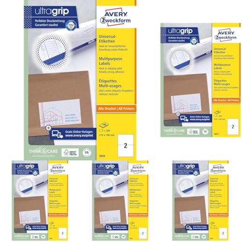 AVERY Zweckform 3655 Universal Etiketten (200 Klebeetiketten, 210x148mm auf A4, bedruckbare Versandetiketten, selbstklebende Versandaufkleber mit ultragrip, DHL) 100 Blatt, weiß (Packung mit 5) von AVERY Zweckform