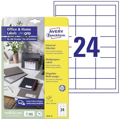 AVERY Zweckform 3658-10 Adressaufkleber (240 Klebeetiketten, 64,6x33,8 mm auf A4, bedruckbare Absenderetiketten, selbstklebende Adressetiketten mit ultragrip, ideal fürs HomeOffice) 10 Blatt, weiß von AVERY Zweckform