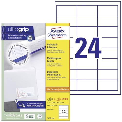 AVERY Zweckform 3658-200 Adressaufkleber (4.800 plus 480 Klebeetiketten extra, 64,6x33,8mm auf A4, bedruckbare Absenderetiketten, selbstklebende Adressetiketten mit ultragrip) 220 Blatt, weiß von AVERY Zweckform