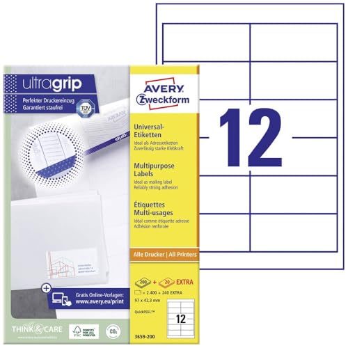 AVERY Zweckform 3659-200 Adressaufkleber (2.400 plus 240 Klebeetiketten extra, 97x42,3mm auf A4, bedruckbare Absenderetiketten, selbstklebende Adressetiketten mit ultragrip) 220 Blatt, weiß von AVERY Zweckform