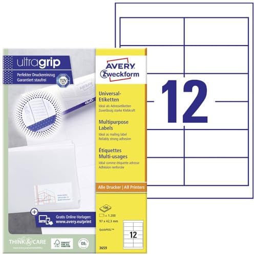 AVERY Zweckform 3659 Adressaufkleber (1.200 Klebeetiketten, 97x42,3mm auf A4, Papier matt, bedruckbare Absenderetiketten, selbstklebende Adressetiketten mit ultragrip) 100 Blatt, weiß von AVERY Zweckform