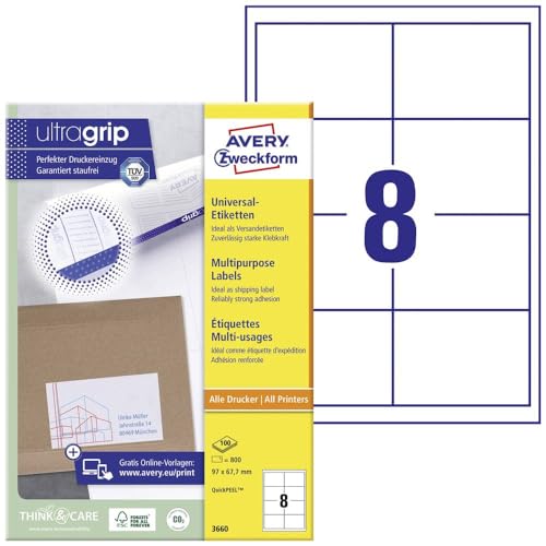 AVERY Zweckform 3660 Universal Etiketten (800 Klebeetiketten, 97x67,7mm auf A4, Papier matt, bedruckbare Versandetiketten, selbstklebende Versandaufkleber mit ultragrip) 100 Blatt, weiß von AVERY Zweckform