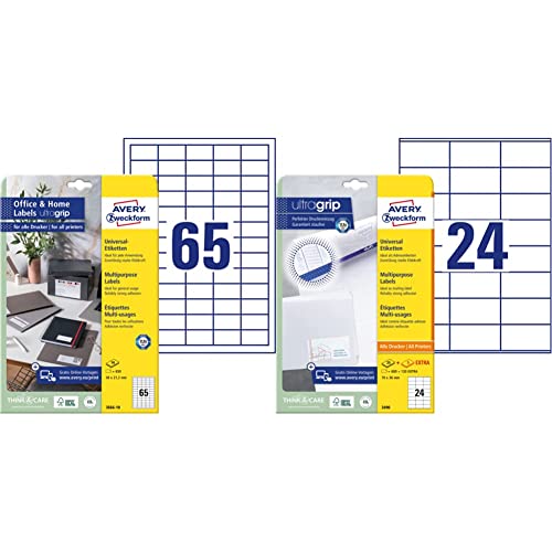 AVERY Zweckform 3666-10 Adressaufkleber (650 Klebeetiketten, 38x21,2 mm auf A4, bedruckbare Absenderetiketten, selbstklebende Adressetiketten) 10 Blatt, weiß & 3490 Adressaufkleber 30 Blatt, weiß von AVERY Zweckform