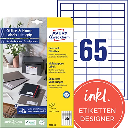 AVERY Zweckform 3666-10 Adressaufkleber (650 Klebeetiketten, 38x21,2 mm auf A4, bedruckbare Absenderetiketten, selbstklebende Adressetiketten mit ultragrip, ideal fürs HomeOffice) 10 Blatt, weiß von AVERY Zweckform