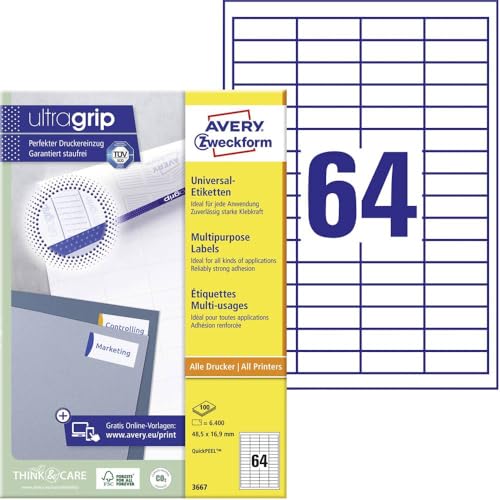 AVERY Zweckform 3667 Universal Etiketten (6.400 Klebeetiketten, 48,5x16,9mm auf A4, Papier matt, individuell bedruckbar, selbstklebende Aufkleber mit ultragrip) 100 Blatt, weiß von AVERY Zweckform