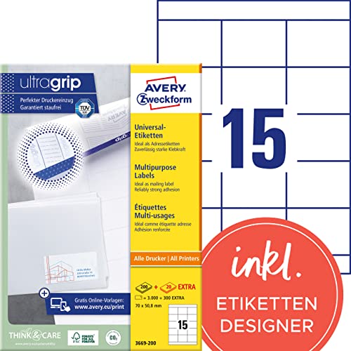 AVERY Zweckform 3669-200 Adressaufkleber (3.000 plus 300 Klebeetiketten extra, 70x50,8mm auf A4, bedruckbare Absenderetiketten, selbstklebende Adressetiketten mit ultragrip) 220 Blatt, weiß von AVERY Zweckform