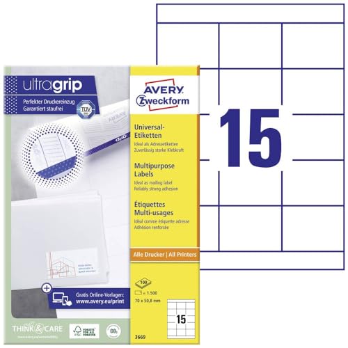 AVERY Zweckform 3669 Adressaufkleber (1.500 Klebeetiketten, 70x50,8mm auf A4, Papier matt, bedruckbare Absenderetiketten, selbstklebende Adressetiketten mit ultragrip) 100 Blatt, weiß von AVERY Zweckform