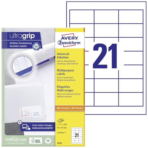 AVERY Zweckform 3670 Adressaufkleber (2.100 Klebeetiketten, 64x36mm auf A4, Papier matt, individuell bedruckbare Absenderetiketten, selbstklebende Adressetiketten mit ultragrip) 100 Blatt, weiß von AVERY Zweckform