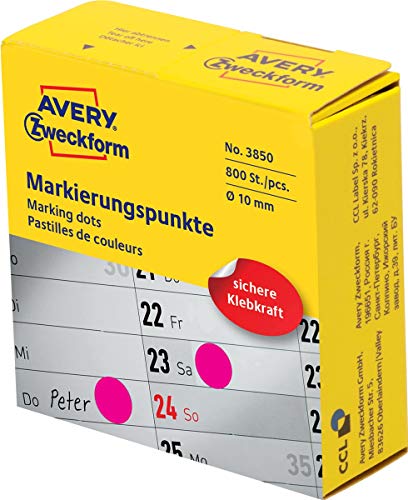 AVERY Zweckform 3850 selbstklebende Markierungspunkte 800 Stück (Ø10mm, Klebepunkte auf Rolle im Spender, Punktaufkleber zur Farbcodierung, runde Aufkleber für Kalender, Planer und zum Basteln) pink von AVERY Zweckform