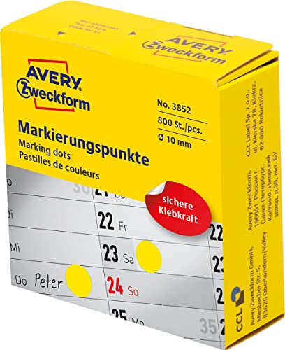 AVERY Zweckform 3852 selbstklebende Markierungspunkte (ø 10 mm, 800 Klebepunkte auf Rolle im Spender, runde Aufkleber für Kalender, Planer und zum Basteln) gelb von AVERY Zweckform