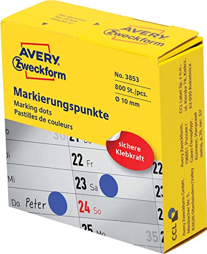 AVERY Zweckform 3853 selbstklebende Markierungspunkte (ø 10 mm, 800 Klebepunkte auf Rolle im Spender, runde Aufkleber für Kalender, Planer und zum Basteln) blau, 3 Stück von AVERY Zweckform