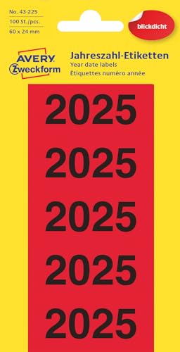 AVERY Zweckform 43-225 Jahreszahlen Aufkleber 2025 selbstklebend (60x24 mm, 100 Jahreszahl-Etiketten mit Aufdruck 2025, ideal für Ordner, absolut blickdicht, permanent haftend) 20 Bogen, rot von AVERY Zweckform