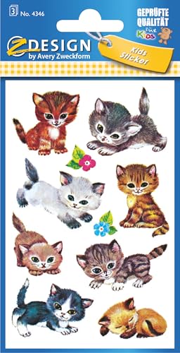 AVERY Zweckform 4346 - Papier Sticker Katzen, Aufkleber, Kindersticker, Kindergeburtstag, Mitgebsel, Gastgeschenke, Sammeln, Preise Partyspiele, Schnitzeljagd, Schatzsuche, 30 Sticker von AVERY Zweckform